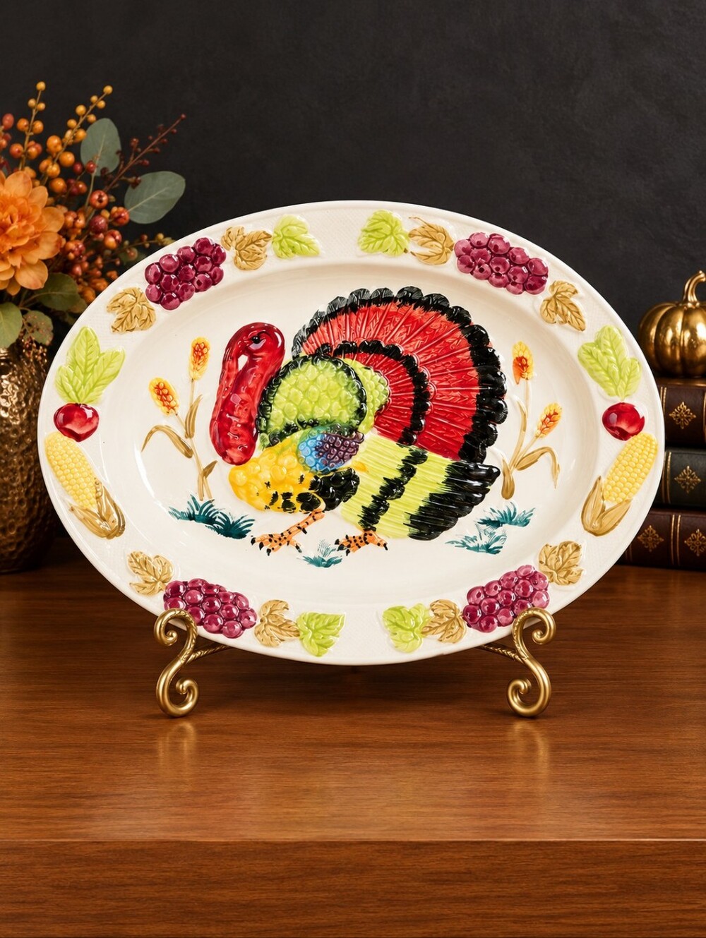 Vintage Festive Turkey Ceramic Platter 18" Thanksgiving Harvest Serving Dish